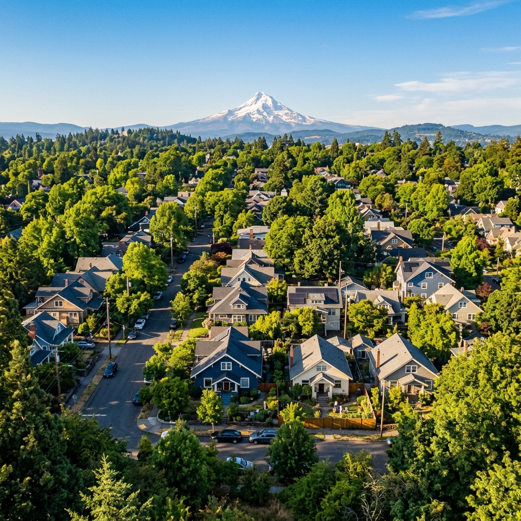 Portland neighborhoods with Mount Hood at golden hour